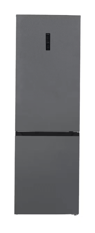 Vooraanzicht van de PKM KG 323 CNFDDG koel-vriescombinatie met digitale temperatuurweergave, strak grijs design en energieklasse C.