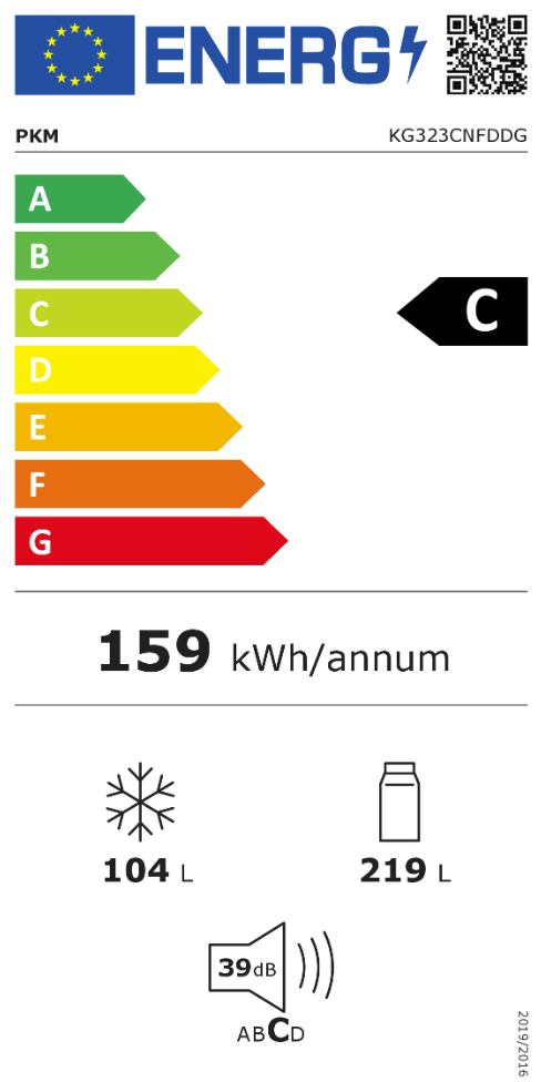 Energielabel van de PKM KG 323 CNFDDG koel-vriescombinatie met energieklasse C, een jaarlijks verbruik van 159 kWh, geluidsniveau van 39 dB, 219 liter koelruimte en 104 liter vriesruimte.