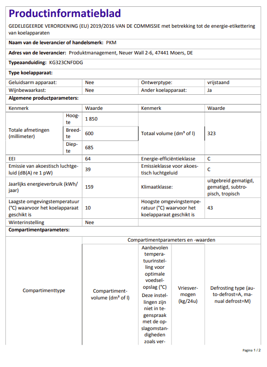 Productinformatieblad van de PKM KG323CNFDDG koel-vriescombinatie met energieklasse C, 323 liter inhoud, geluidsniveau van 39 dB, klimaatklasse voor subtropisch tot gematigd gebruik en een jaarlijks verbruik van 159 kWh.