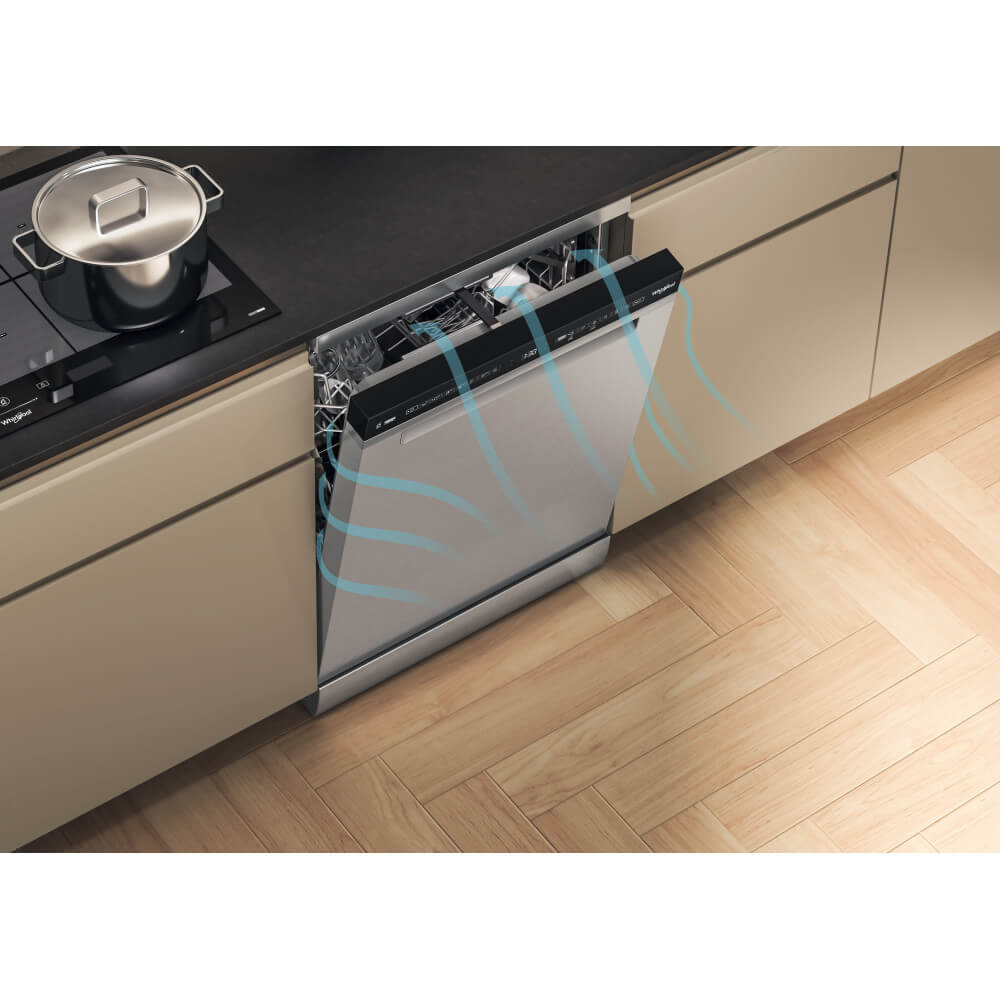 Whirlpool W7FHS51X vaatwasser met open deur toont natuurlijke luchtcirculatie voor efficiënte droging
