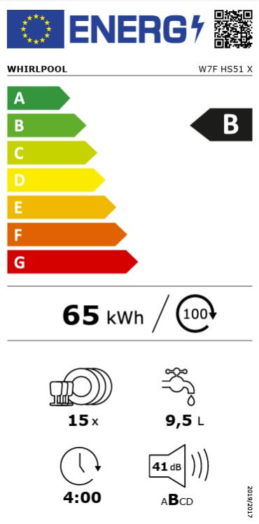 Energielabel Whirlpool W7FHS51X vaatwasser – energieklasse B, 15 couverts, 65 kWh, 41 dB