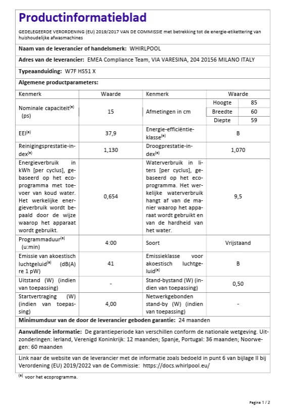 Technisch gegevensblad Whirlpool W7FHS51X vaatwasser – energieverbruik, capaciteit en geluidsniveau