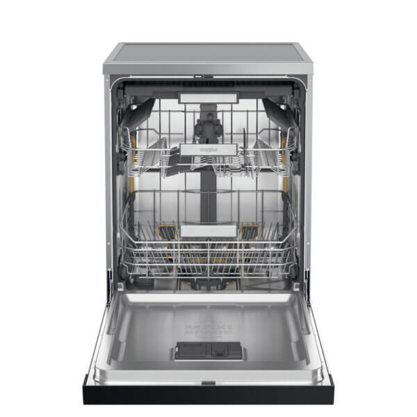 Whirlpool W7FHS51X vaatwasser open vooraanzicht – overzicht van binnenruimte en sproeiarmen