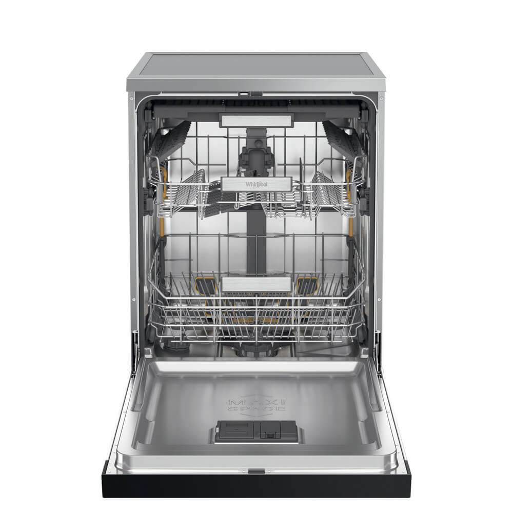 Whirlpool W7FHS51X vaatwasser open vooraanzicht – overzicht van binnenruimte en sproeiarmen