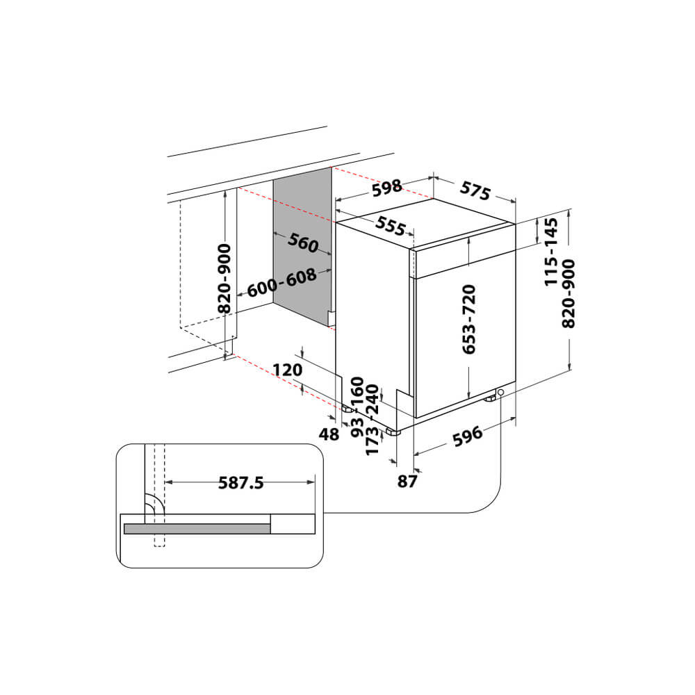 Inbouwtekening Whirlpool WB 6020 P X met exacte afmetingen in millimeters voor nis, hoogte, diepte en breedte