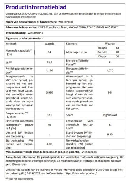 Productinformatieblaad Whirlpool WB 6020 P X – 14 couverts, energieklasse E, 9,5 liter waterverbruik, 95 kWh per 100 cycli, geluidsniveau 46 dB, inbouwmodel met afmetingen 82×60×56 cm