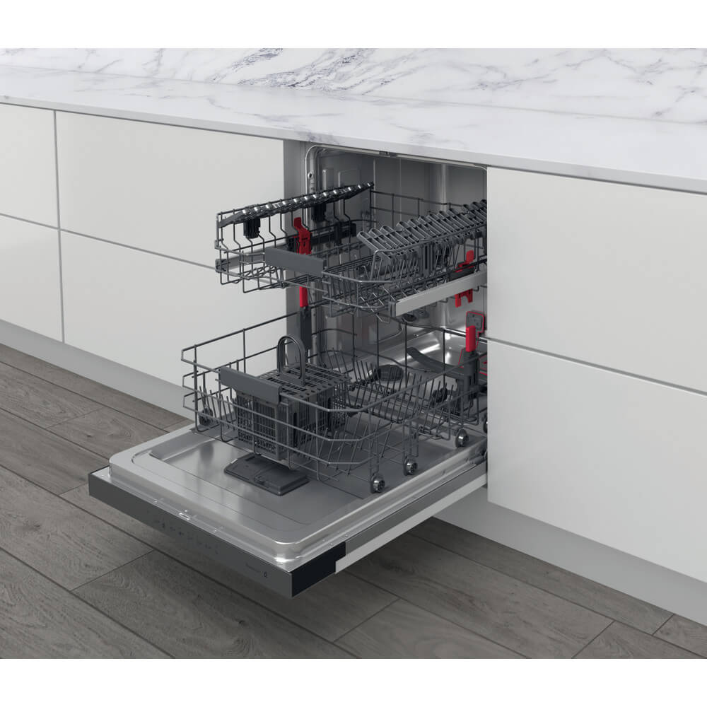 Zijaanzicht van de Whirlpool WB 6020 P X inbouwvaatwasser met lade volledig uitgeschoven