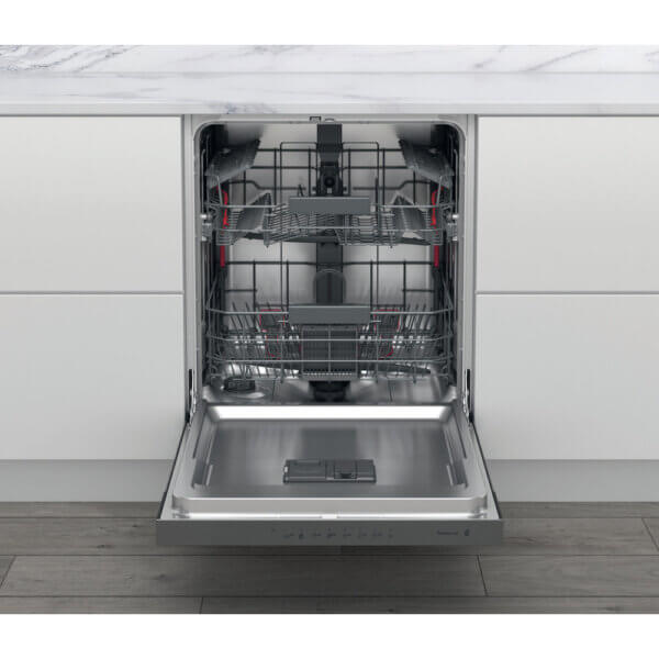 Whirlpool WB 6020 P X half-geïntegreerde vaatwasser, geopend met zicht op het interieur en sproeiarmen