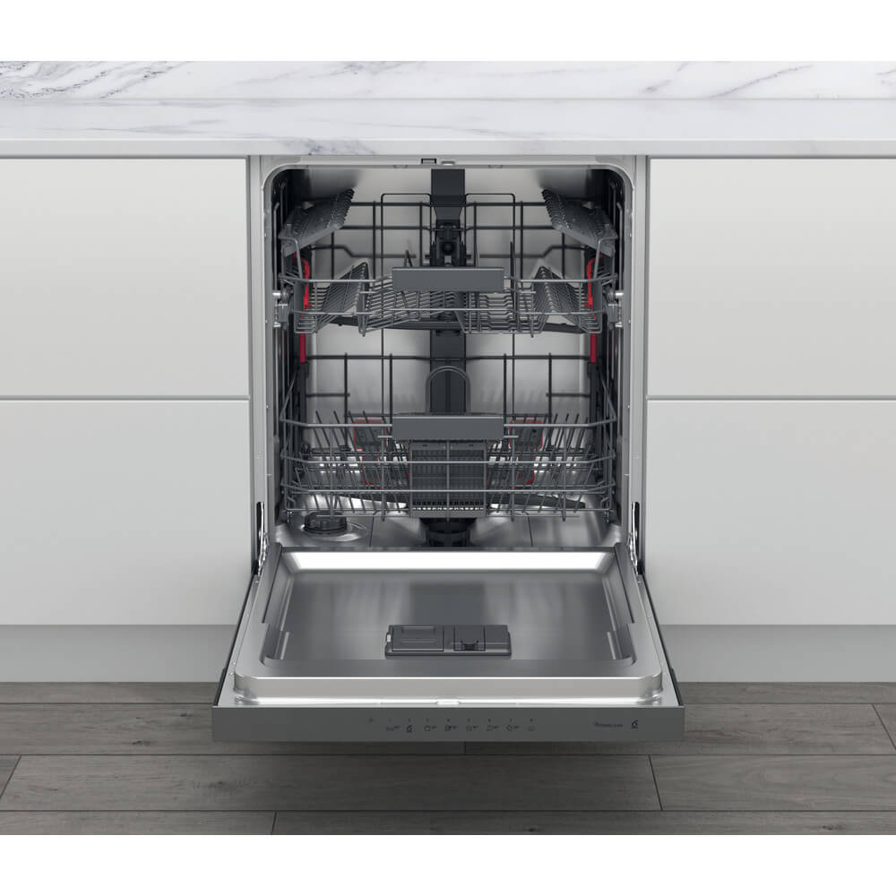 Whirlpool WB 6020 P X half-geïntegreerde vaatwasser, geopend met zicht op het interieur en sproeiarmen