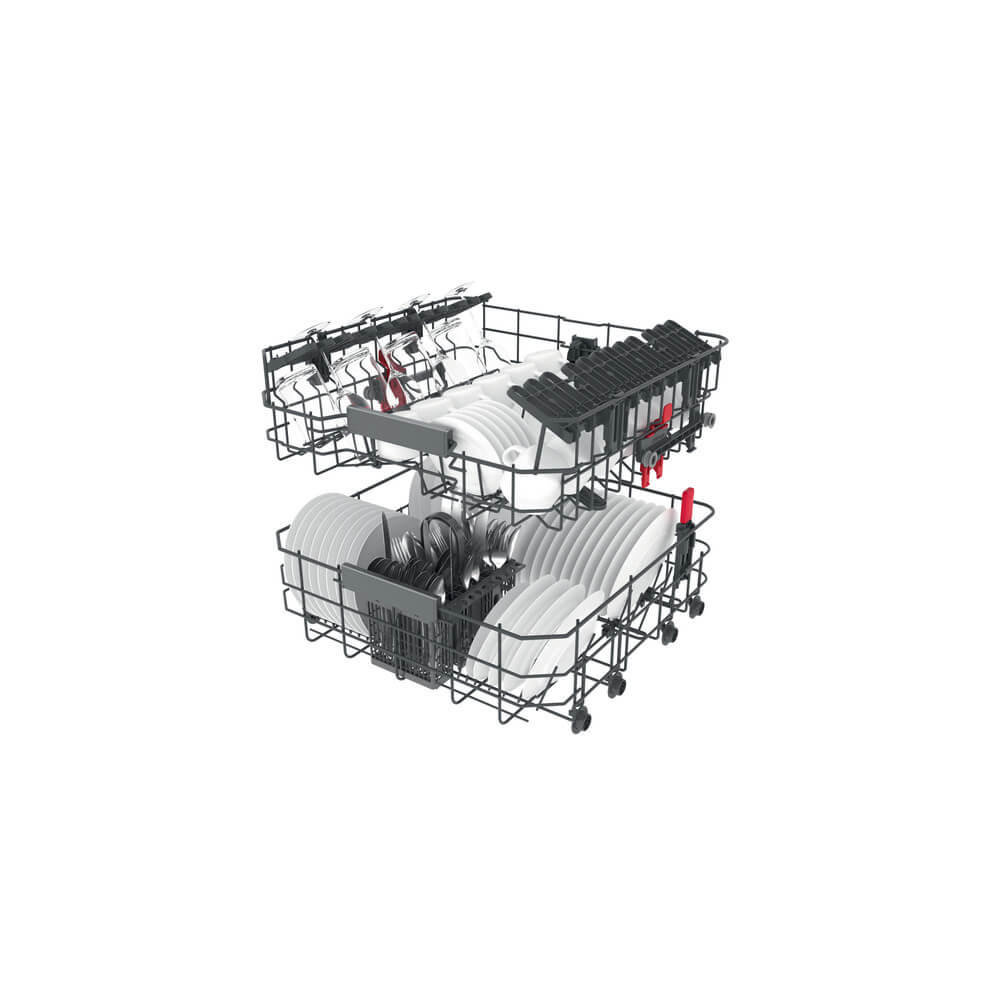 Volledig geladen korven van de Whirlpool WB 6020 P X met 14 couverts