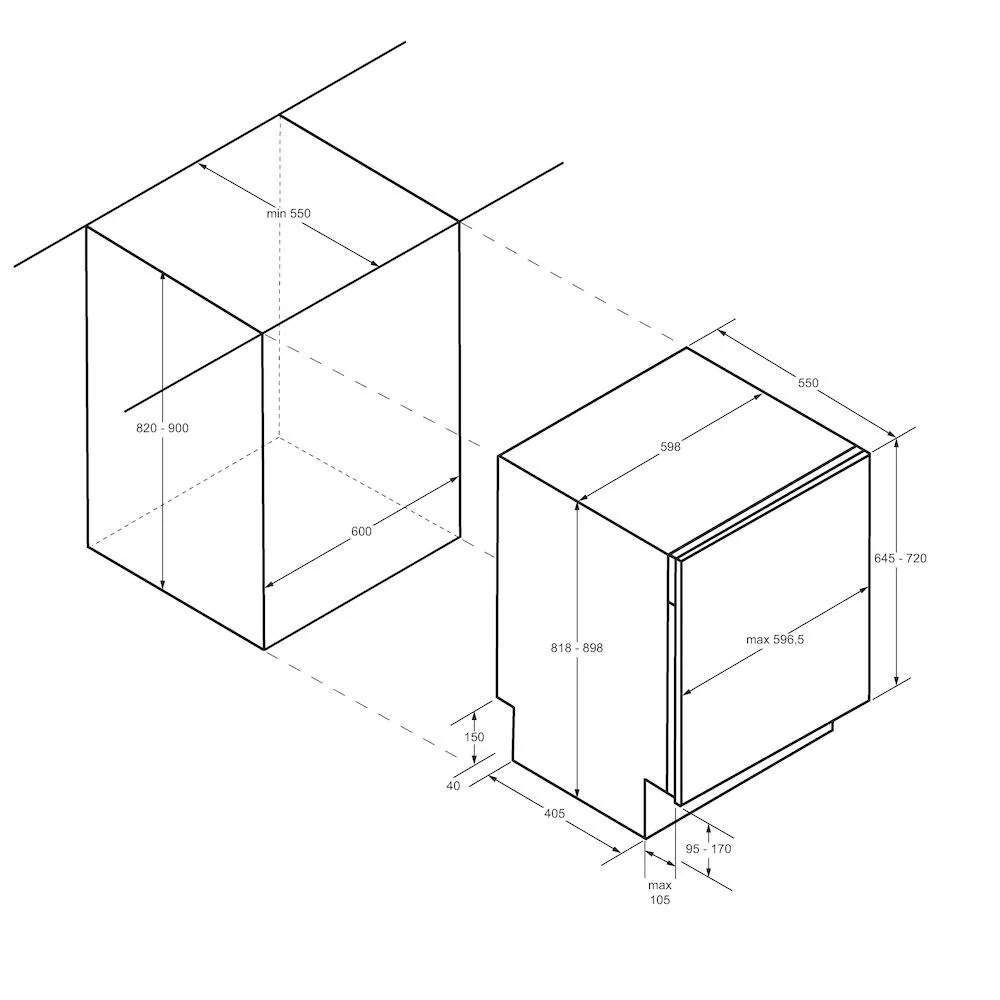Technische tekening van de inbouwmaten voor de Haier XI 6C3D0FB geïntegreerde vaatwasser, met gedetailleerde afmetingen voor hoogte, breedte en diepte van nis en toestel.