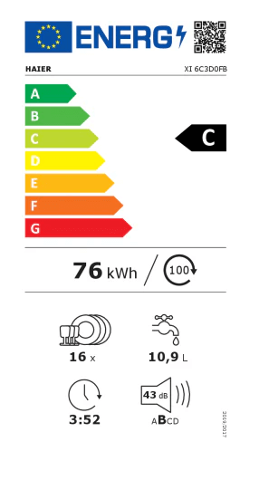 Energie-efficiencielabel van de Haier XI 6C3D0FB vaatwasser, energieklasse C, verbruik van 76 kWh per 100 cycli, capaciteit van 16 couverts, waterverbruik van 10,9 liter en geluidsniveau van 43 dB.