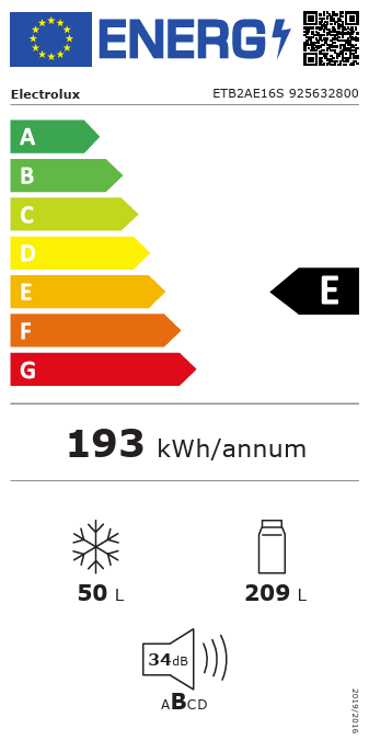 Energielabel Electrolux ETB2AE16S – energieklasse E, 193 kWh per jaar, 34 dB geluidsniveau
