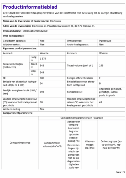 Productinformatieblad Electrolux ETB2AE16S met technische specificaties en energieverbruik