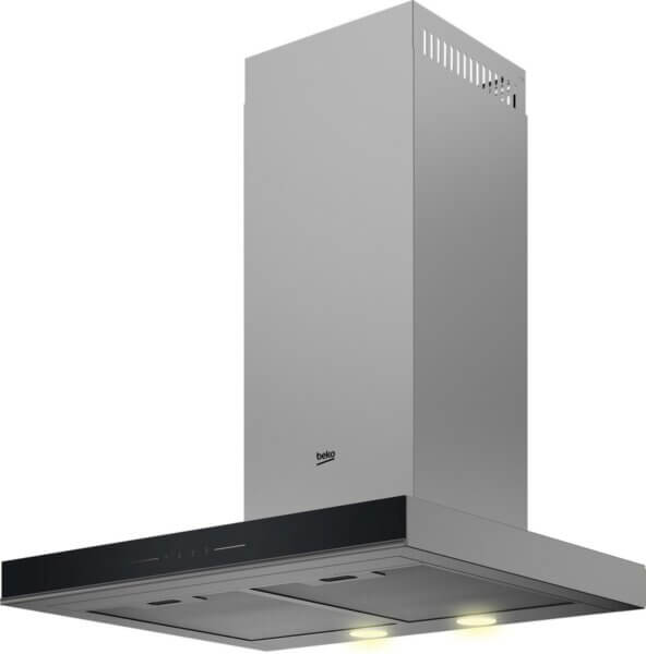 Schuine zijaanzicht van de Beko BHCB 63640 BH wandafzuigkap met zichtbaar bedieningspaneel