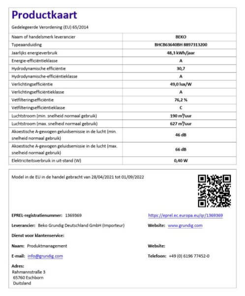 Productkaart van de Beko BHCB 63640 BH met technische specificaties en EPREL-gegevens