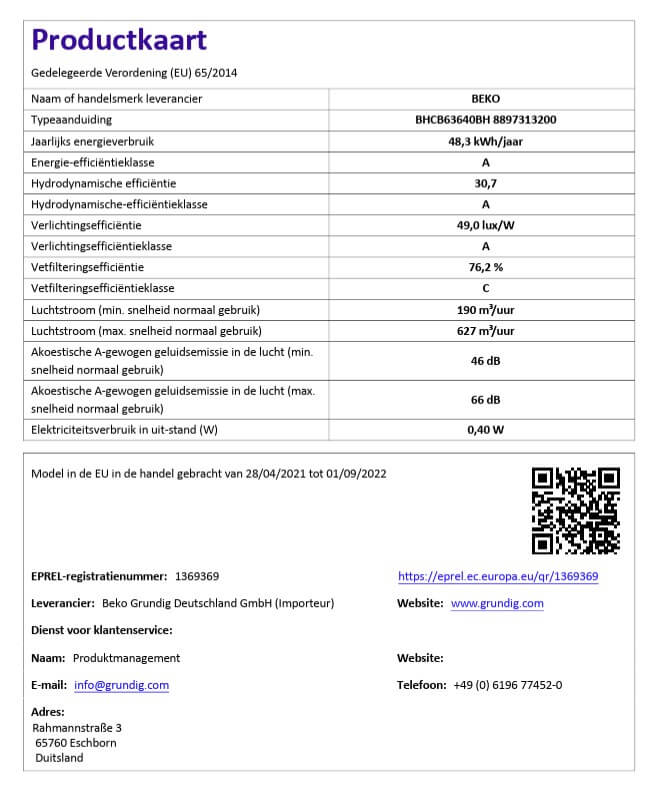 Productkaart van de Beko BHCB 63640 BH met technische specificaties en EPREL-gegevens