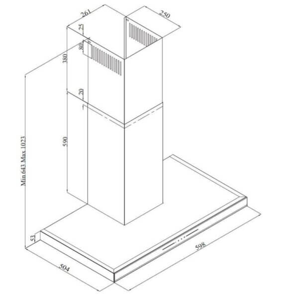 Technische tekening van de Beko BHCB 63640 BH afzuigkap met alle afmetingen in detail weergegeven