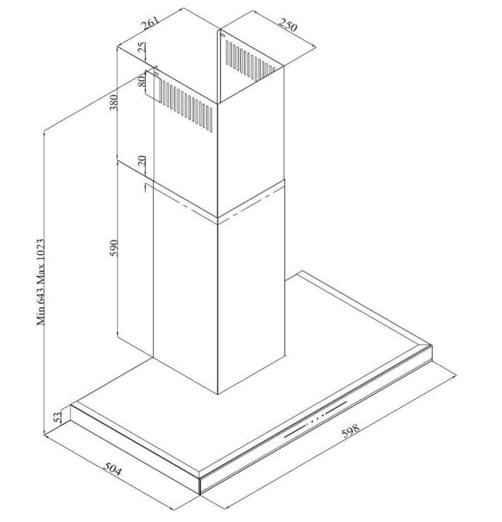 Technische tekening van de Beko BHCB 63640 BH afzuigkap met alle afmetingen in detail weergegeven