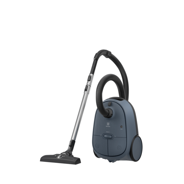 Electrolux EB61C2DBP zakstofzuiger – zijaanzicht met slang en parketborstel