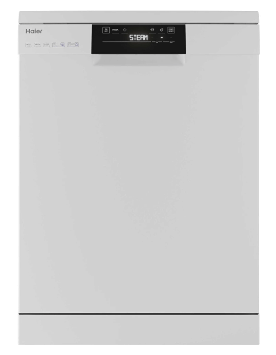 Voorzijde van de Haier FS 4D520W vrijstaande vaatwasser met digitaal display en strak wit design.