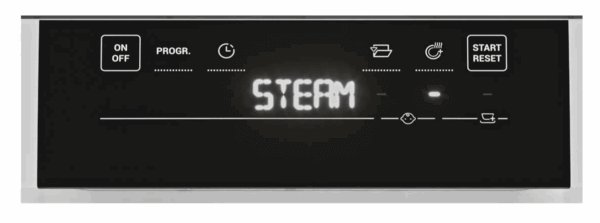 Digitale interface van de Haier FS 4D520W vaatwasser, met STEAM-programma geactiveerd.
