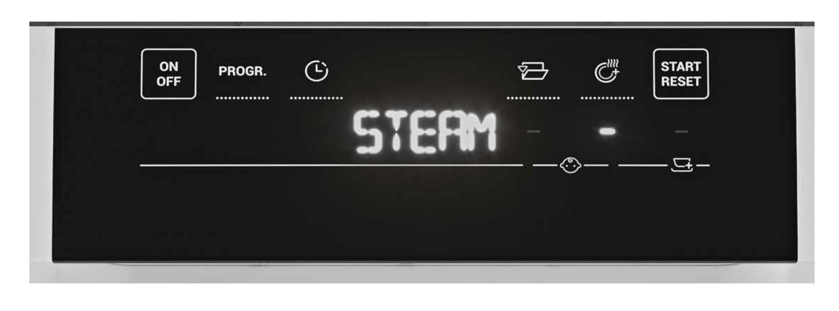 Digitale interface van de Haier FS 4D520W vaatwasser, met STEAM-programma geactiveerd.