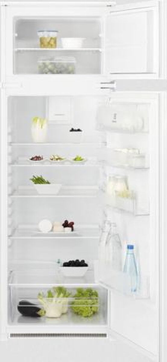 Electrolux KTB2DE16S inbouw koel-vriescombinatie met 209 liter koelruimte en 50 liter vriesruimte, overzicht van interieur met groentelade en flessenrek