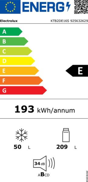 Energielabel van de Electrolux KTB2DE16S inbouw koel-vriescombinatie, energieklasse E, 193 kWh per jaar, geluidsniveau 34 dB