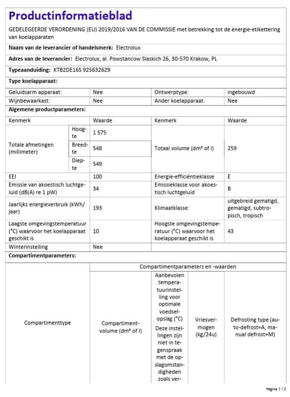 Productinformatieblad van Electrolux KTB2DE16S met specificaties zoals afmetingen, geluidsniveau, energieverbruik en klimaatklasse