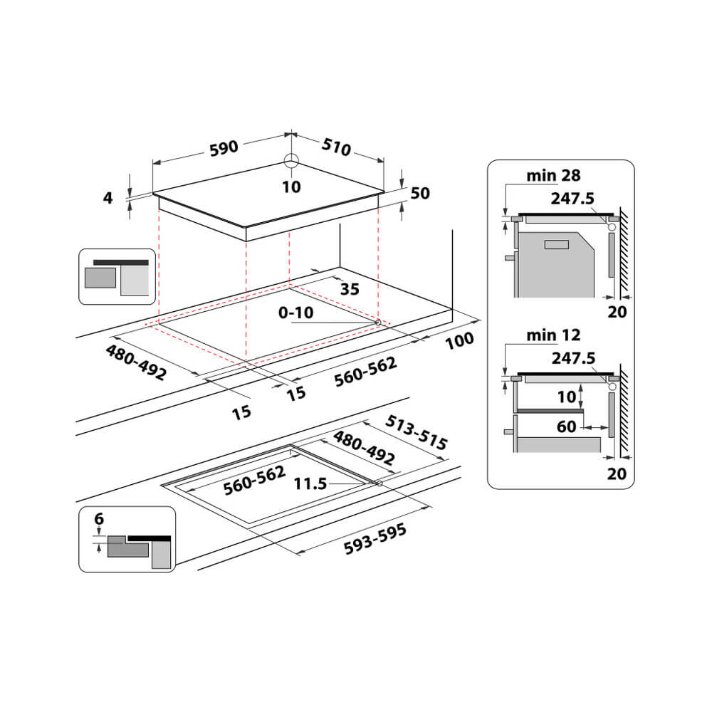 Inbouwtekening van de Whirlpool WLB4060CPNE inductiekookplaat met afmetingen, nisbreedte en minimale inbouwdiepte