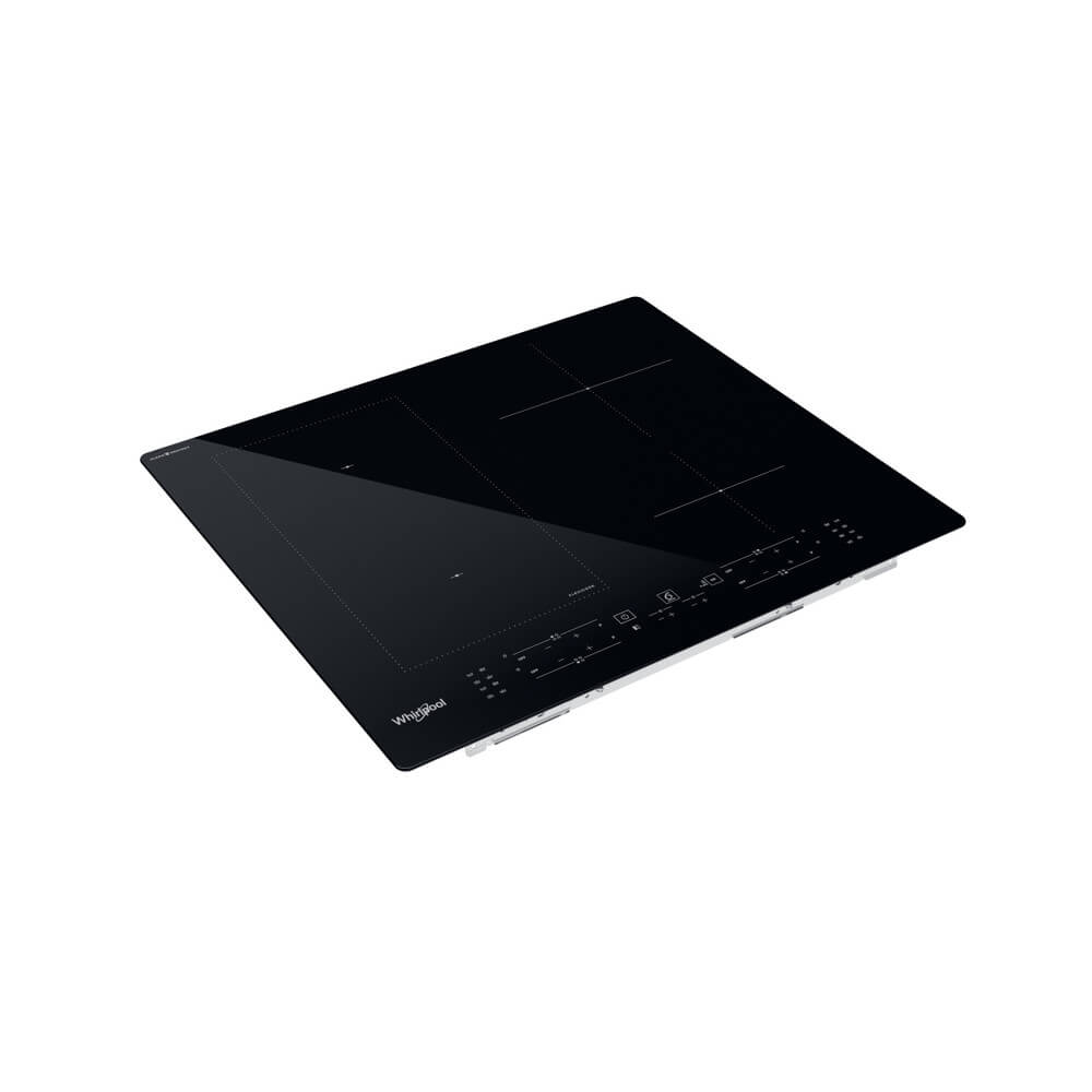 Schuin vooraanzicht van de Whirlpool WLB4060CPNE met duidelijk zicht op de gladde zwarte glasplaat