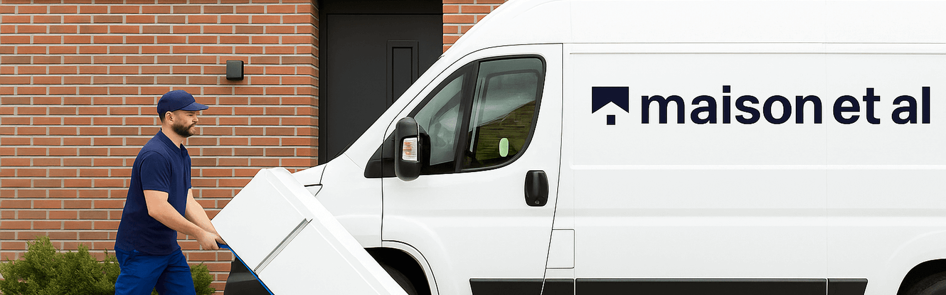 Bezorger levert een grote koelkast vanuit een witte bestelwagen bij een woning in Nederland, onderdeel van gratis levering in België, Nederland en Luxemburg.