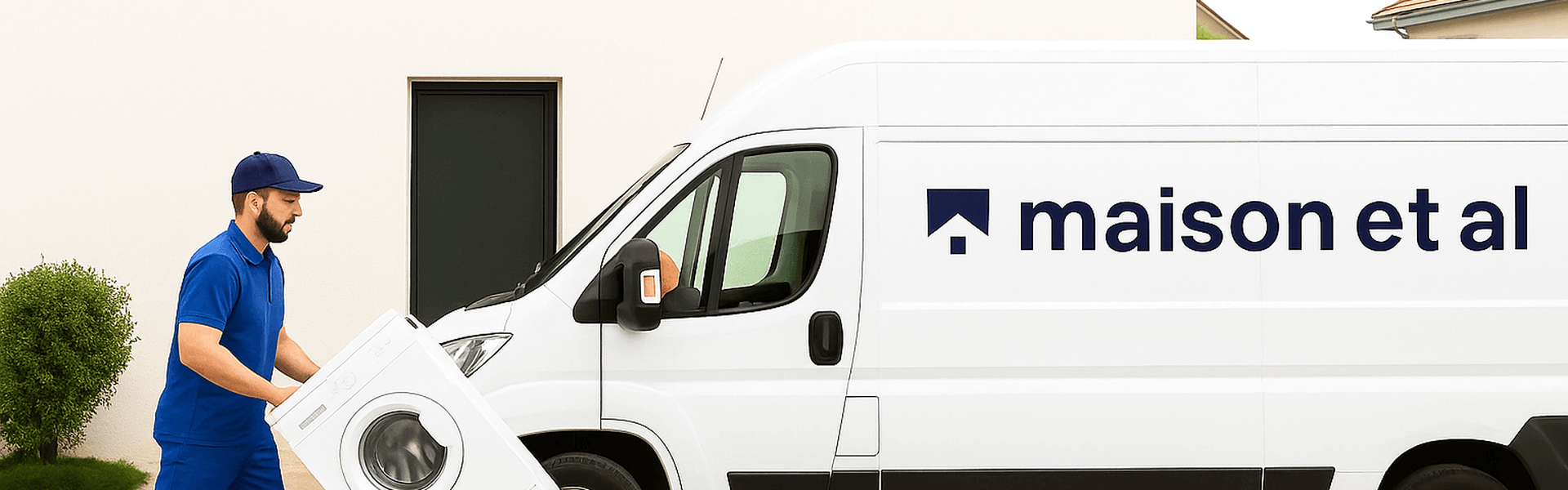 Livreur avec machine à laver devant un fourgon blanc portant le logo Maison et al, bannière avec texte en français sur la livraison gratuite en France