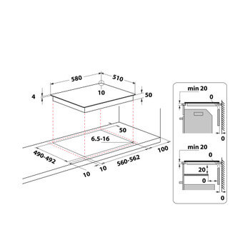 Inbouwtekening van de Whirlpool AKM9010NE kookplaat met afmetingen en installatie-instructies.