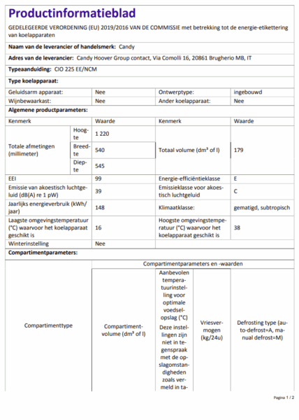 Fiche technique du combiné Candy CIO 225 EE/NCM avec dimensions, capacité 179 L, classe énergétique E et spécifications.