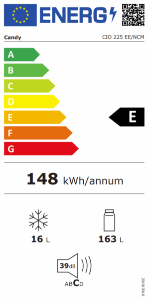 Étiquette énergétique du combiné Candy CIO 225 EE/NCM – classe énergétique E, consommation 148 kWh/an, 163 L de réfrigération, 16 L de congélation, 39 dB.
