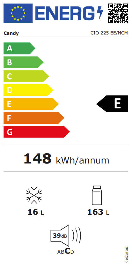 CIO 225 EE (9) Étiquette énergétique du combiné Candy CIO 225 EE/NCM – classe énergétique E, consommation 148 kWh/an, 163 L de réfrigération, 16 L de congélation, 39 dB.