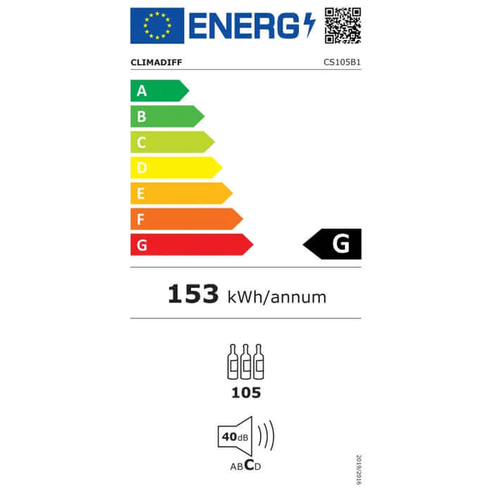Energielabel van Climadiff CS105B1 wijnkoelkast, energieklasse G, 153 kWh per jaar, capaciteit 105 flessen, 40 dB
