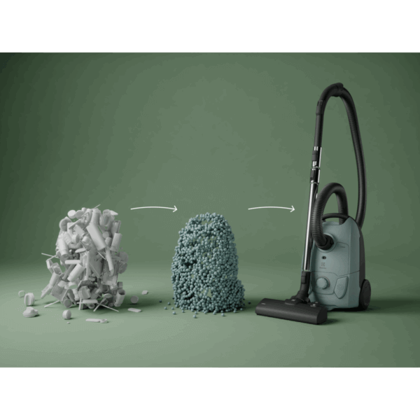 Electrolux EB51C1SW stofzuiger toont recycling en duurzaam ontwerp met gerecycled materiaal.
