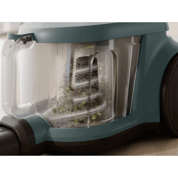 Close-up van het 2 liter stofreservoir van de Electrolux EL31C2OG met cyclonische filtering