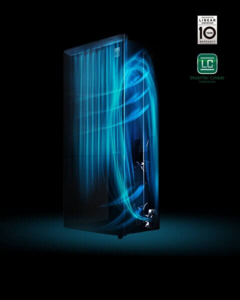 Illustratie van de LG Inverter Linear Compressor met luchtstroomtechnologie en 10 jaar garantie.