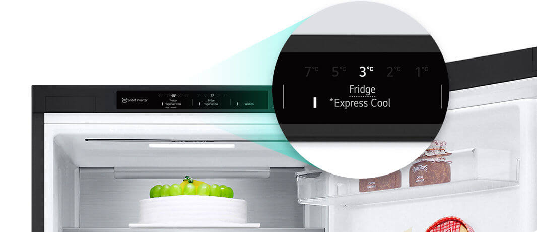 Display close-up Express Cool – LED-bedieningspaneel met snelle koeloptie.