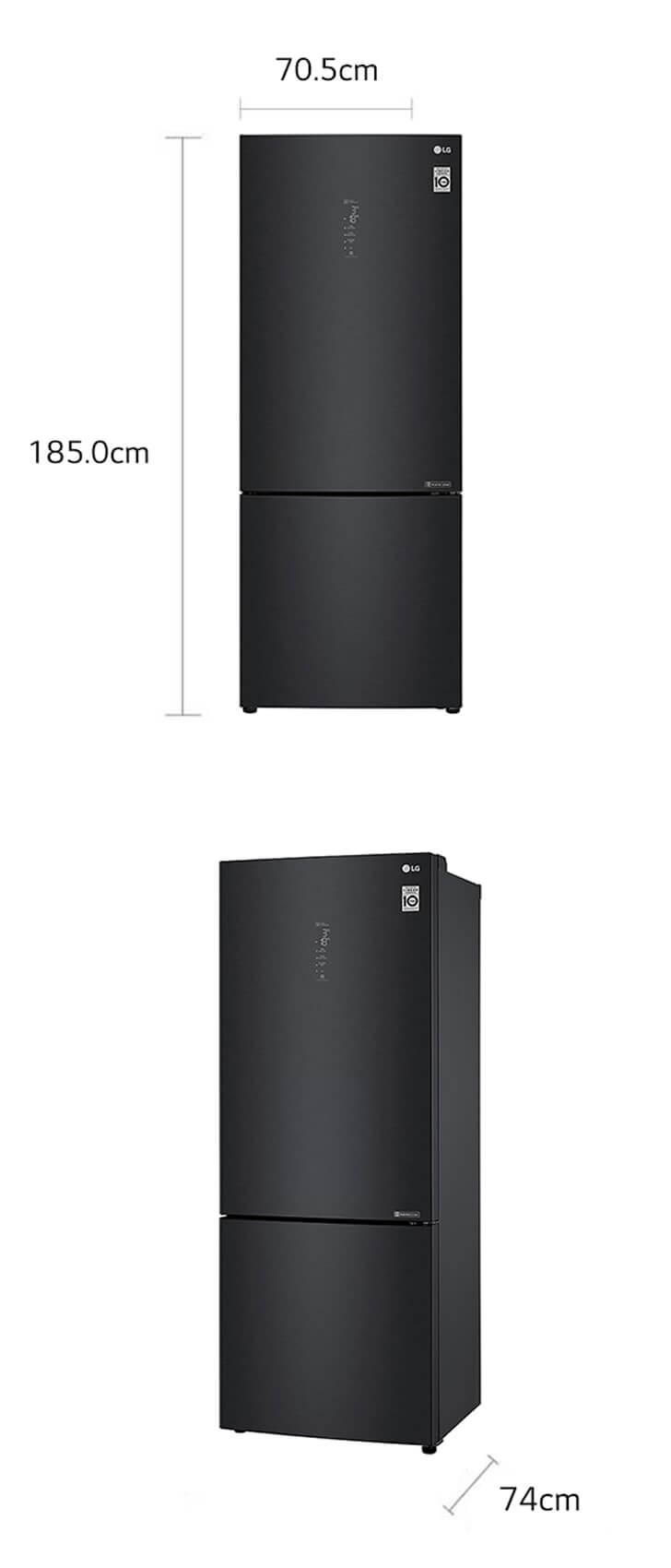 Afmetingen LG GBB569MCAZN – Hoogte 185 cm, breedte 70,5 cm, diepte 74 cm.