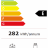 Energielabel E – Jaarlijks verbruik 282 kWh, geluidsniveau 41 dB, koelruimte 329 L, vriesruimte 133 L.