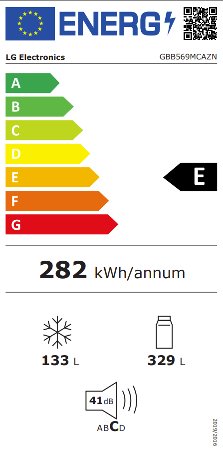 Energielabel E – Jaarlijks verbruik 282 kWh, geluidsniveau 41 dB, koelruimte 329 L, vriesruimte 133 L.