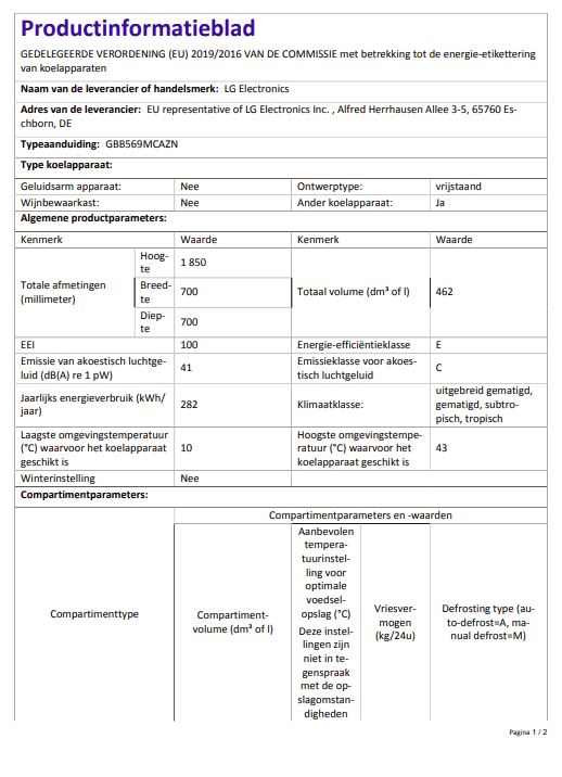 Productinformatieblad EU – Technische specificaties en energieverbruik.