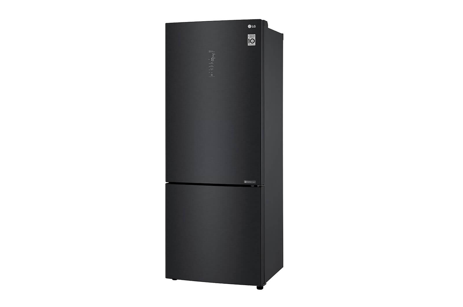 Zijaanzicht van de LG GBB569MCAZN koel-vriescombinatie in zwart design.