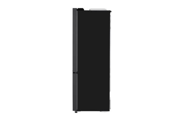 Strak zijaanzicht van de zwarte LG GBB569MCAZN koel-vriescombinatie met mat design en minimalistische afwerking.