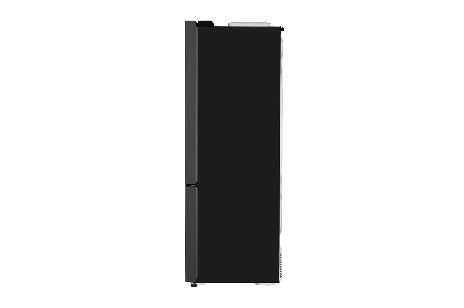 Strak zijaanzicht van de zwarte LG GBB569MCAZN koel-vriescombinatie met mat design en minimalistische afwerking.